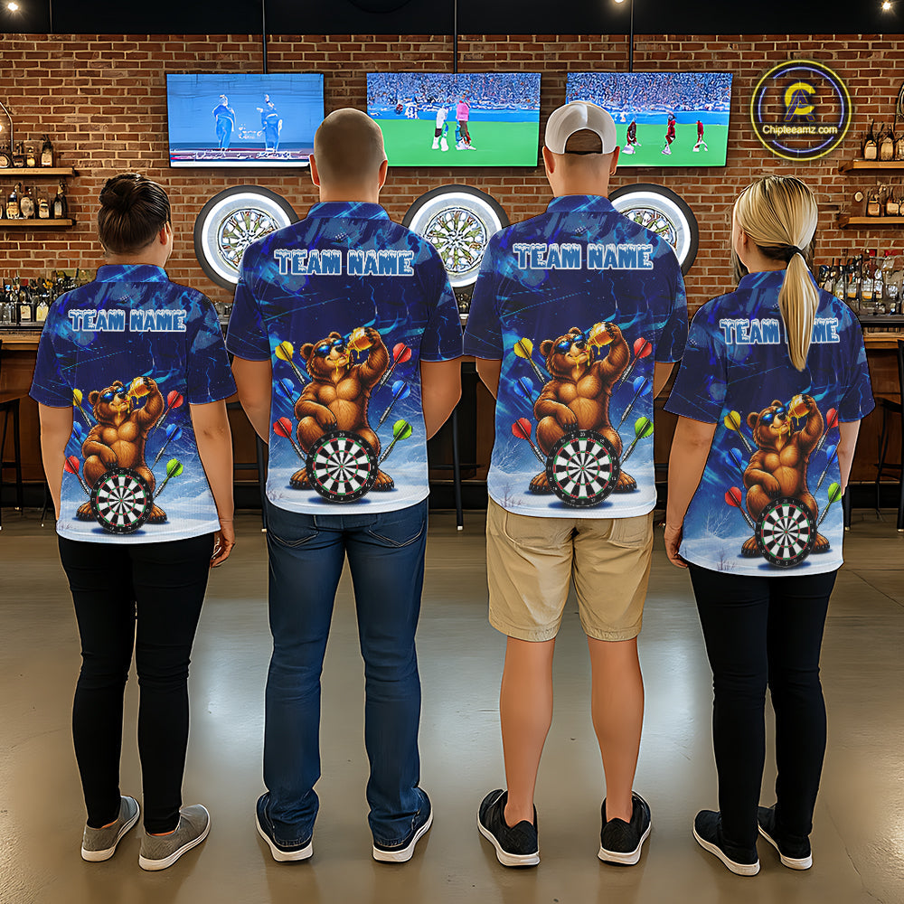 Personalized Blue Funny Bear Darts Shirt Custom Darts Jersey Team Polo & Quarter Zip