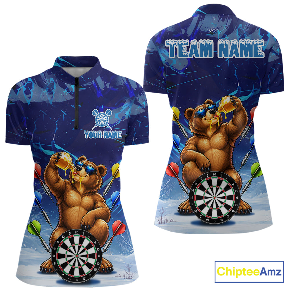 Personalized Blue Funny Bear Darts Shirt Custom Darts Jersey Team Polo & Quarter Zip