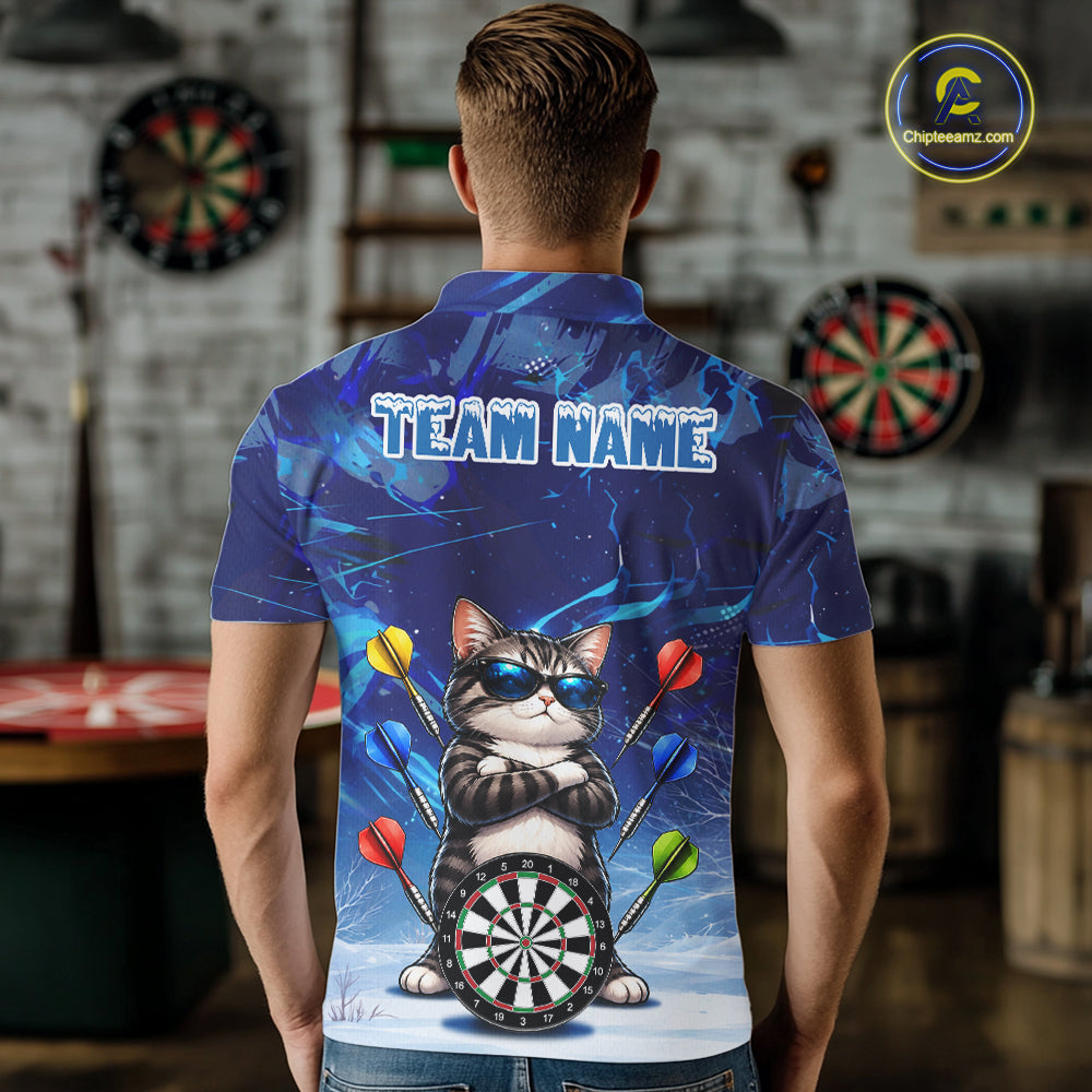Personalized Blue Funny Cat Darts Shirt Custom Darts Jersey Team Polo & Quarter Zip