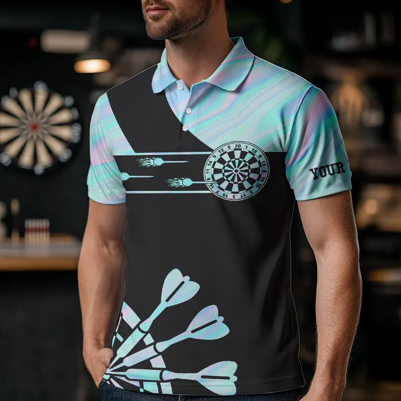 Holographic Blue Darts Tie Dye Polo & Quarter Zip Custom Dart Shirts Glowing Dart Jerseys