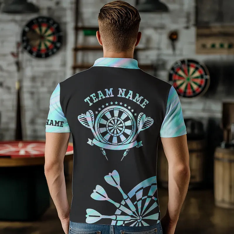 Holographic Blue Darts Tie Dye Polo & Quarter Zip Custom Dart Shirts Glowing Dart Jerseys