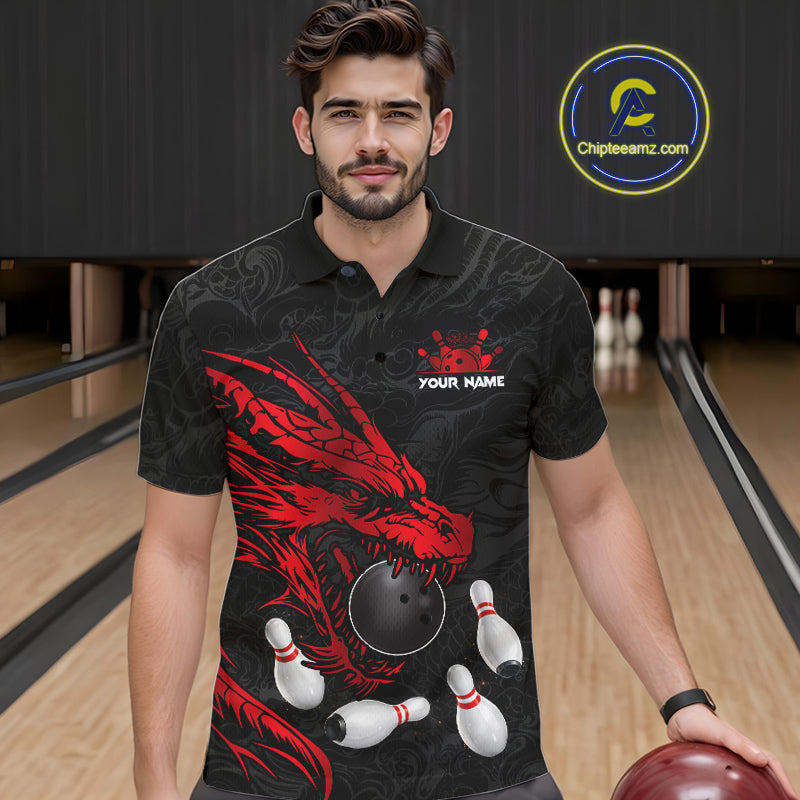 Black And Red Custom Dragon Bowling Shirt, Bowling Team Jersey Polo & Quarter Zip