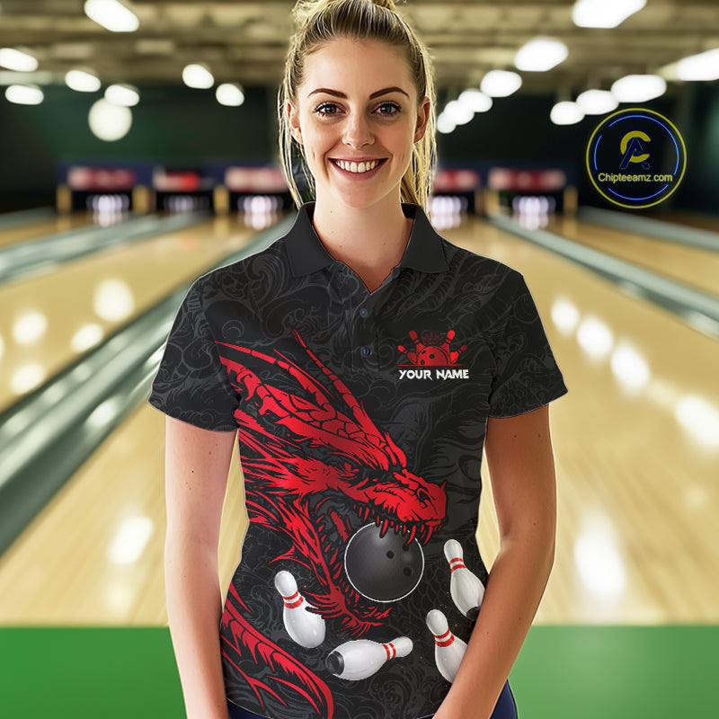 Black And Red Custom Dragon Bowling Shirt, Bowling Team Jersey Polo & Quarter Zip