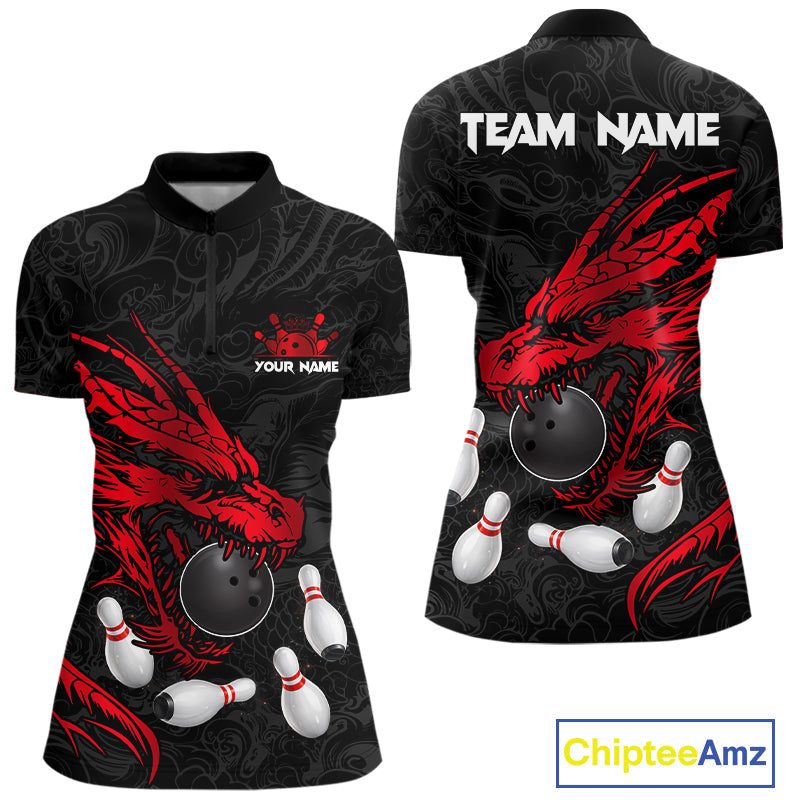 Black And Red Custom Dragon Bowling Shirt, Bowling Team Jersey Polo & Quarter Zip