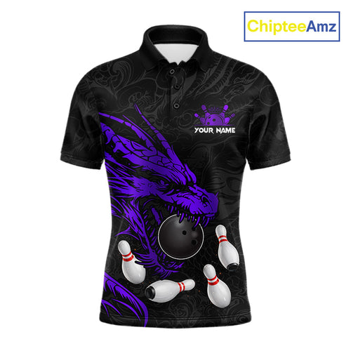 Black And Purple Custom Dragon Bowling Shirt, Bowling Team Jersey Polo & Quarter Zip