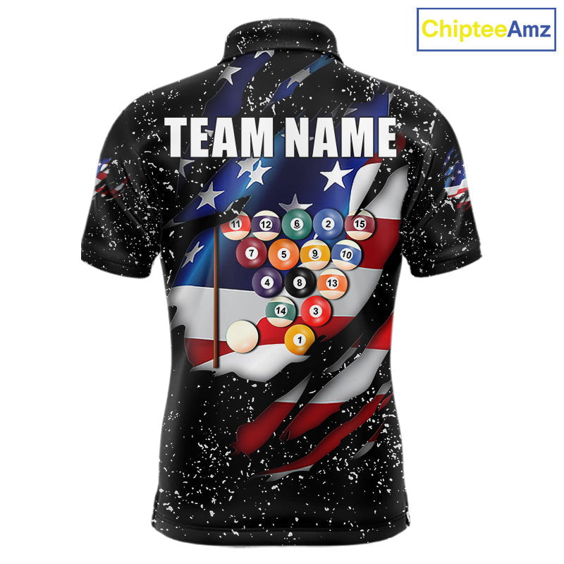 Black Grunge US Flag Eagle Billiard Shirt Custom 8 Ball Pool Team Jersey Polo & 1/4 Zip