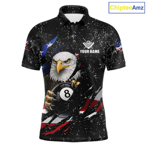 Black Grunge US Flag Eagle Billiard Shirt Custom 8 Ball Pool Team Jersey Polo & 1/4 Zip