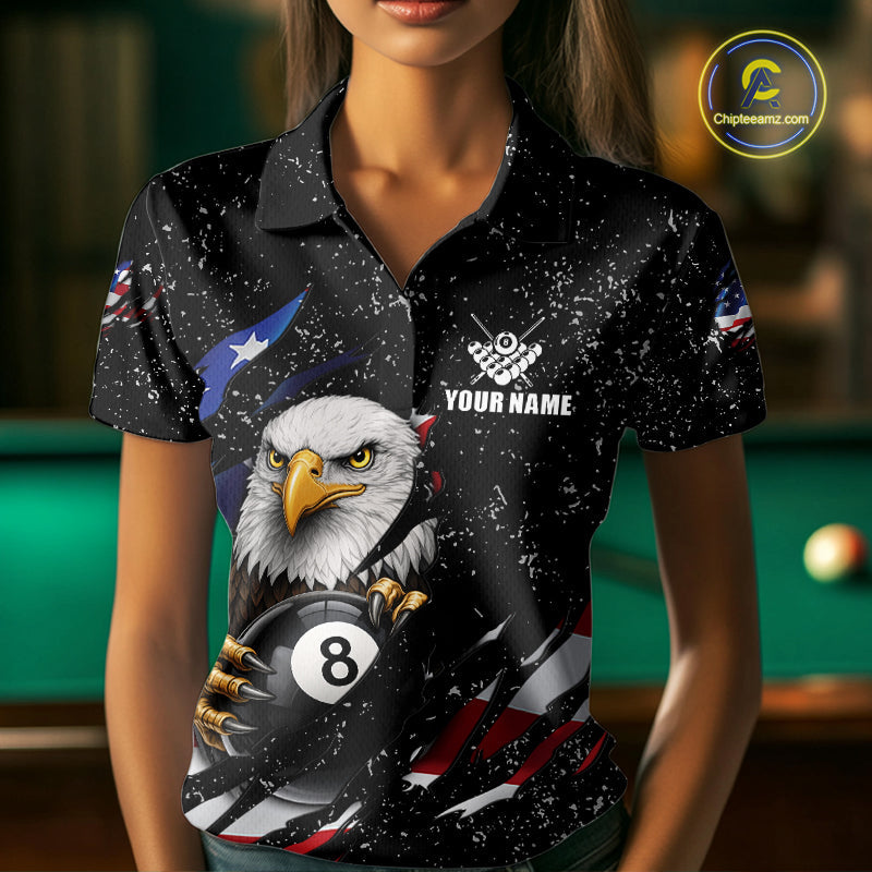 Black Grunge US Flag Eagle Billiard Shirt Custom 8 Ball Pool Team Jersey Polo & 1/4 Zip
