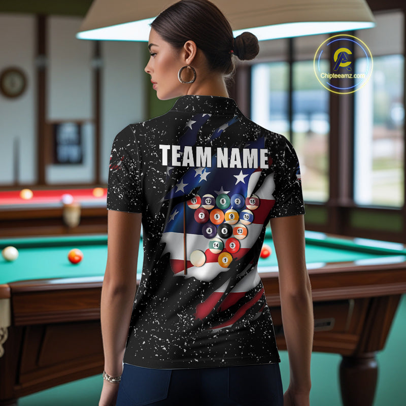 Black Grunge US Flag Eagle Billiard Shirt Custom 8 Ball Pool Team Jersey Polo & 1/4 Zip