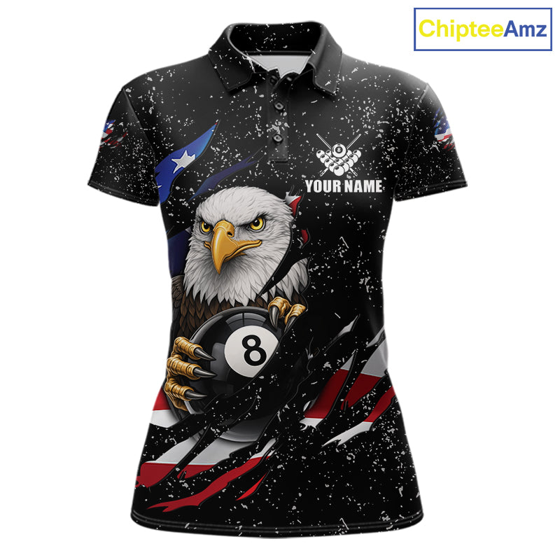 Black Grunge US Flag Eagle Billiard Shirt Custom 8 Ball Pool Team Jersey Polo & 1/4 Zip
