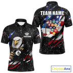 Black Grunge US Flag Eagle Billiard Shirt Custom 8 Ball Pool Team Jersey Polo & 1/4 Zip
