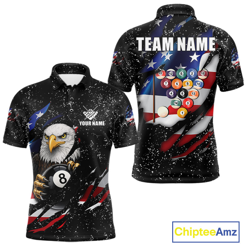Black Grunge US Flag Eagle Billiard Shirt Custom 8 Ball Pool Team Jersey Polo & 1/4 Zip