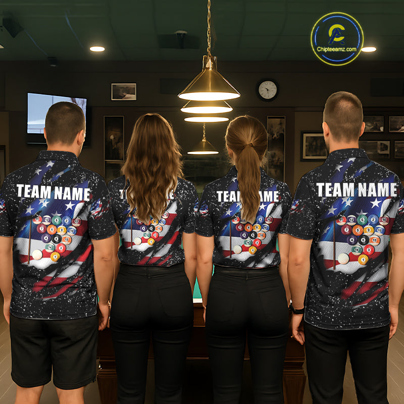 Black Grunge US Flag Eagle Billiard Shirt Custom 8 Ball Pool Team Jersey Polo & 1/4 Zip
