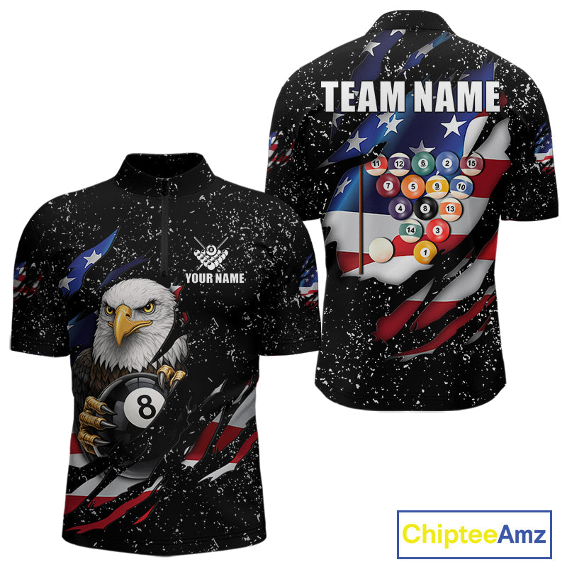 Black Grunge US Flag Eagle Billiard Shirt Custom 8 Ball Pool Team Jersey Polo & 1/4 Zip