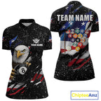 Black Grunge US Flag Eagle Billiard Shirt Custom 8 Ball Pool Team Jersey Polo & 1/4 Zip