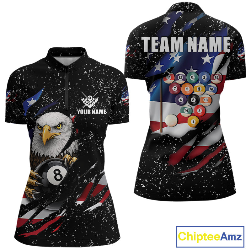 Black Grunge US Flag Eagle Billiard Shirt Custom 8 Ball Pool Team Jersey Polo & 1/4 Zip