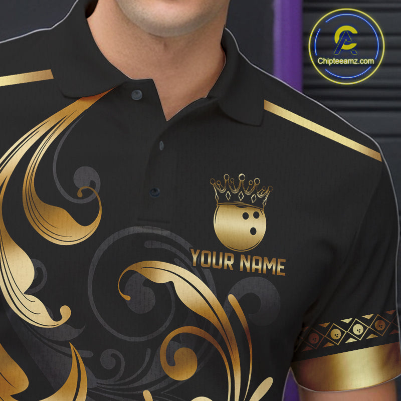 Custom Black And Gold Crown Swirl Bowling Shirts Bowling League Team Jersey Polo, 1/4 Zip
