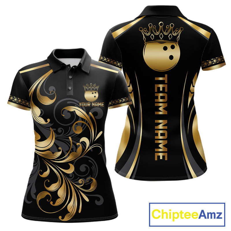 Custom Black And Gold Crown Swirl Bowling Shirts Bowling League Team Jersey Polo, 1/4 Zip