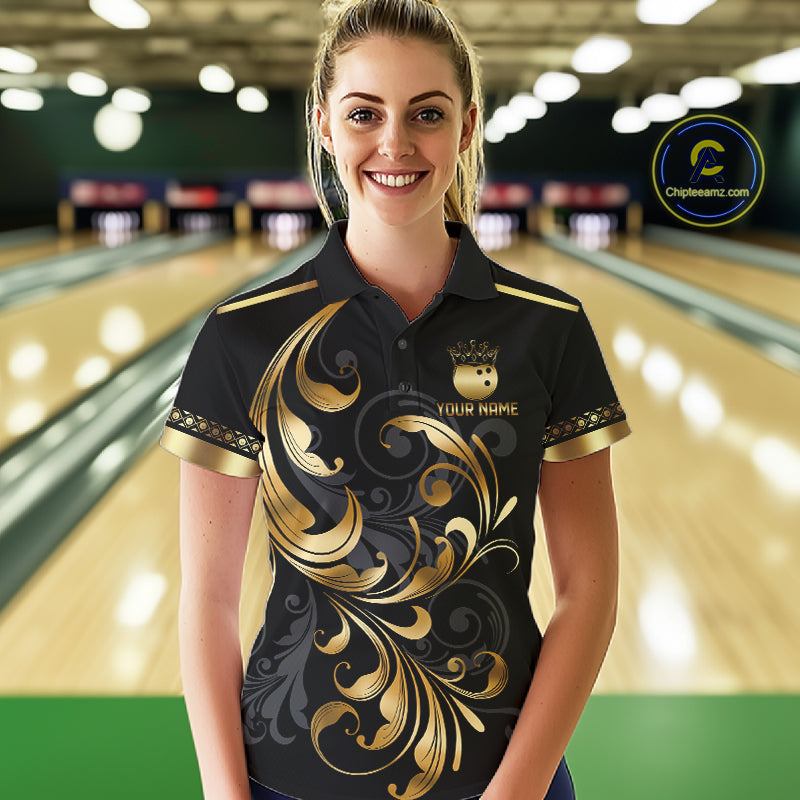 Custom Black And Gold Crown Swirl Bowling Shirts Bowling League Team Jersey Polo, 1/4 Zip