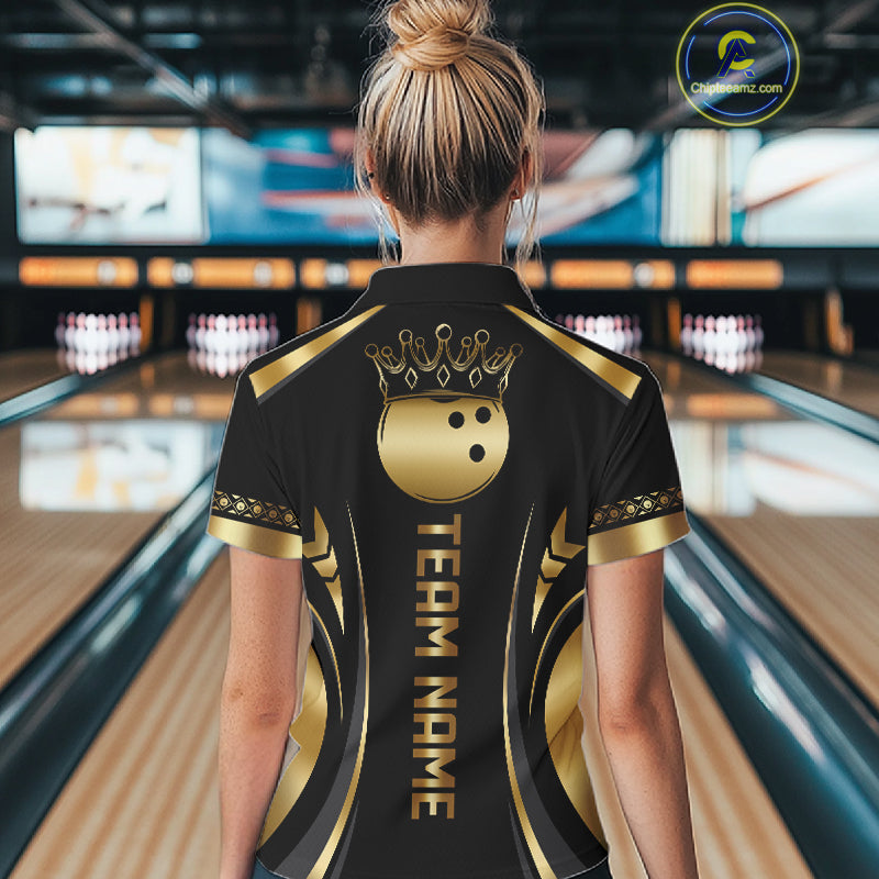 Custom Black And Gold Crown Swirl Bowling Shirts Bowling League Team Jersey Polo, 1/4 Zip