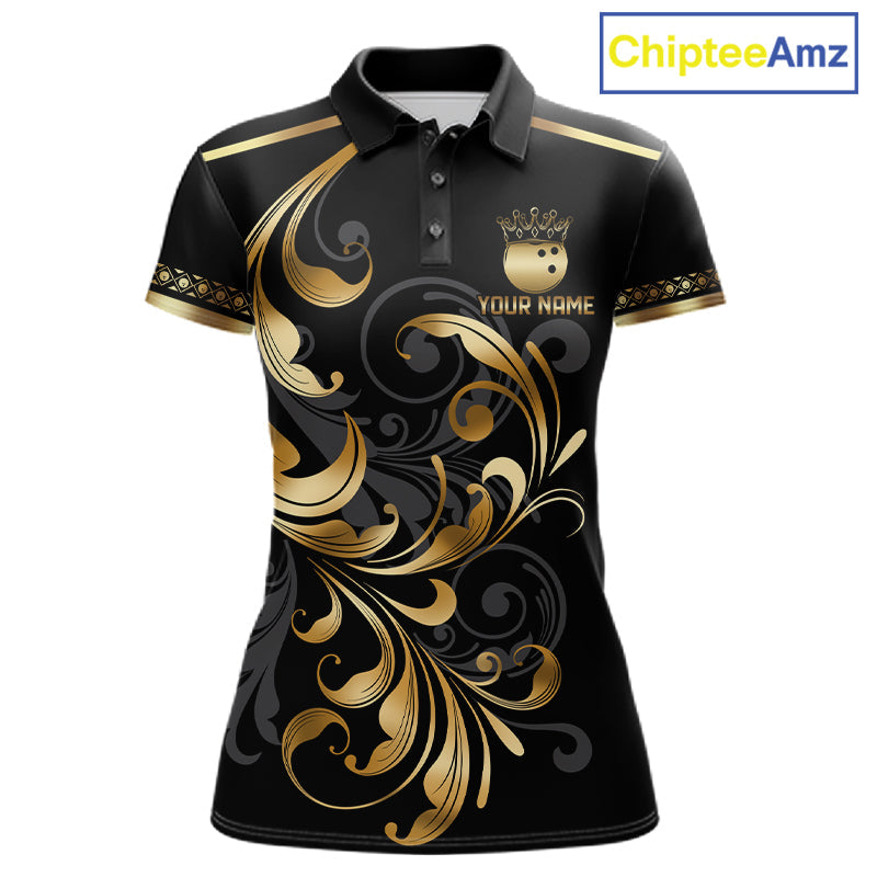 Custom Black And Gold Crown Swirl Bowling Shirts Bowling League Team Jersey Polo, 1/4 Zip