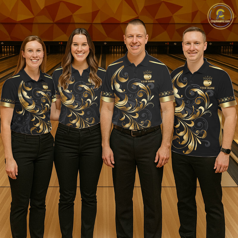 Custom Black And Gold Crown Swirl Bowling Shirts Bowling League Team Jersey Polo, 1/4 Zip