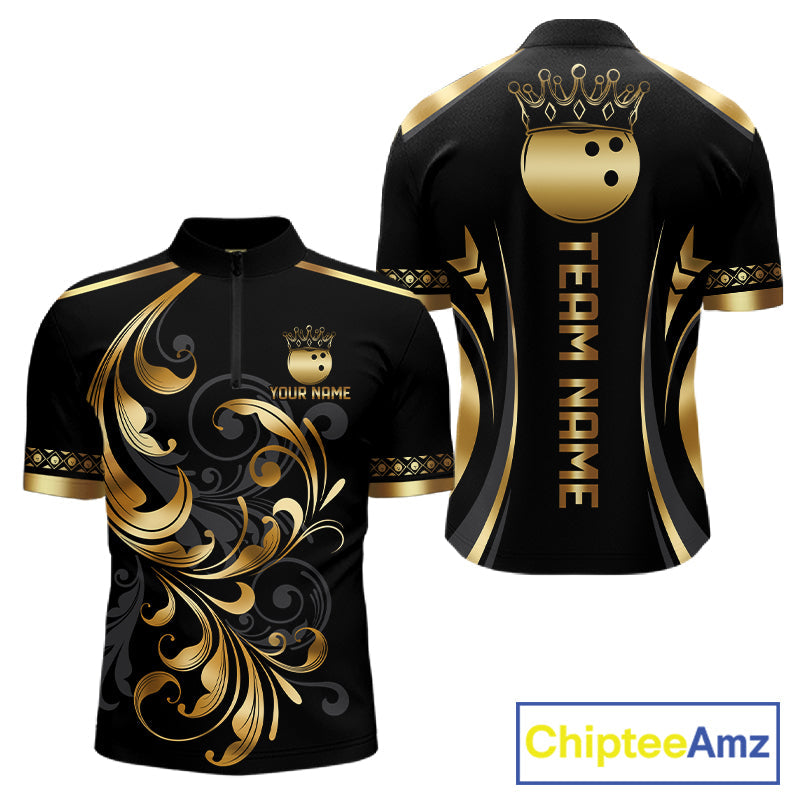Custom Black And Gold Crown Swirl Bowling Shirts Bowling League Team Jersey Polo, 1/4 Zip