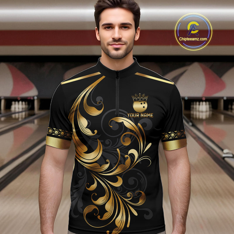 Custom Black And Gold Crown Swirl Bowling Shirts Bowling League Team Jersey Polo, 1/4 Zip