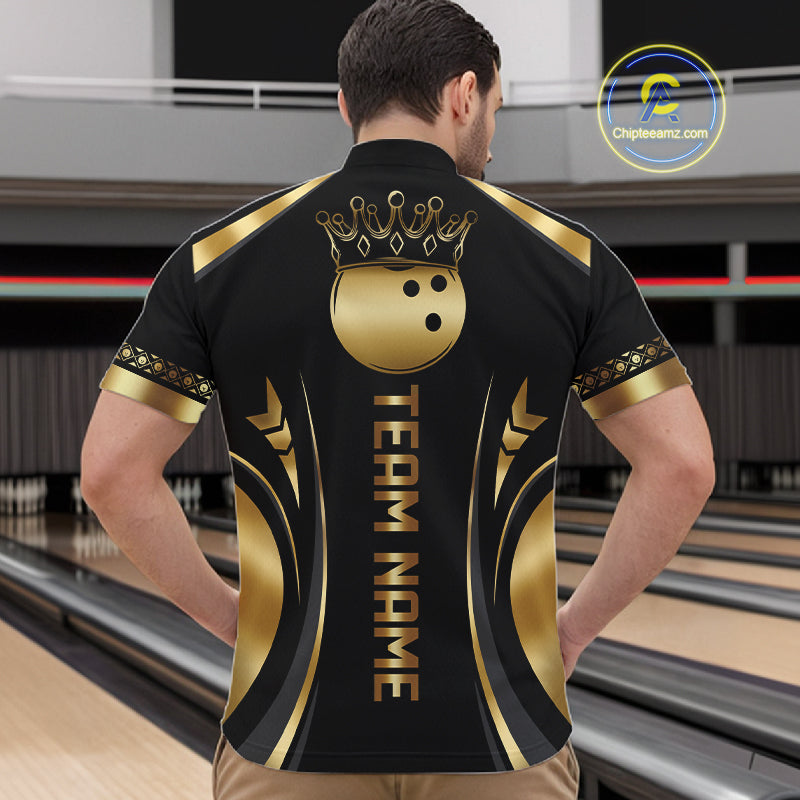 Custom Black And Gold Crown Swirl Bowling Shirts Bowling League Team Jersey Polo, 1/4 Zip