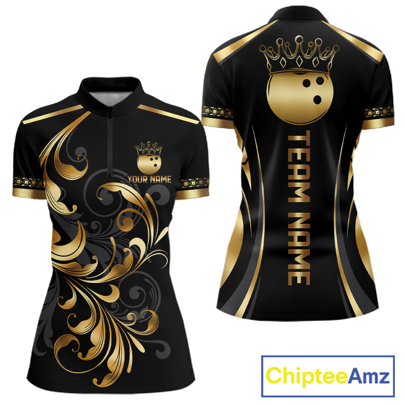 Custom Black And Gold Crown Swirl Bowling Shirts Bowling League Team Jersey Polo, 1/4 Zip