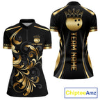 Custom Black And Gold Crown Swirl Bowling Shirts Bowling League Team Jersey Polo, 1/4 Zip