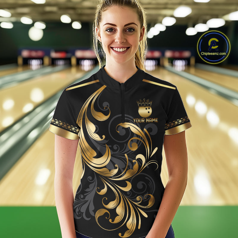 Custom Black And Gold Crown Swirl Bowling Shirts Bowling League Team Jersey Polo, 1/4 Zip