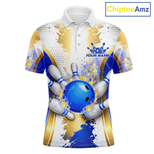 Bowling Ball Splatter Custom White, Blue & Gold 's Bowling Shirt, Bowling Jersey Polo & 1/4 Zip