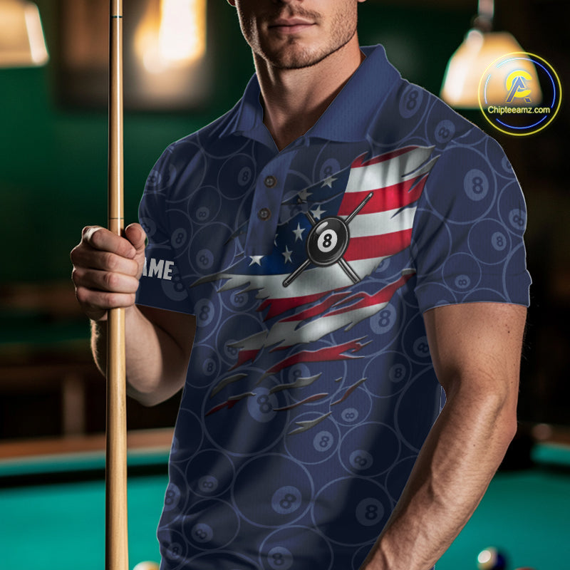 Navy Blue American Flag 8 Ball Billiard Jersey Custom Patriotic Pool Team Shirts