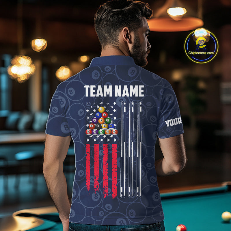Navy Blue Grunge American Flag Billiard Shirts Custom Patriotic 8 Ball Pool Team Jersey
