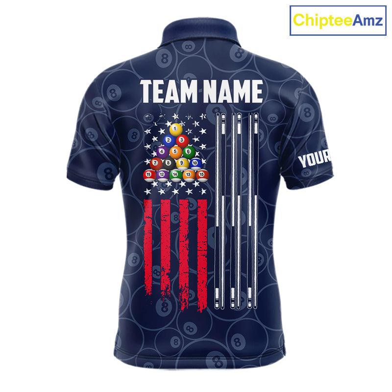 Navy Blue Grunge American Flag Billiard Shirts Custom Patriotic 8 Ball Pool Team Jersey