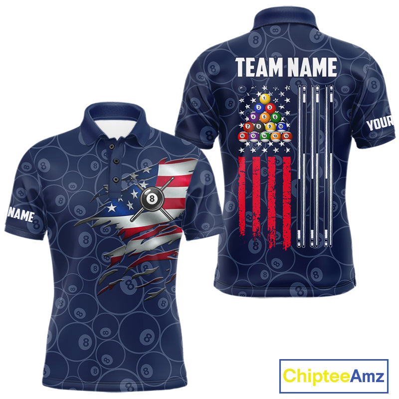 Navy Blue Grunge American Flag Billiard Shirts Custom Patriotic 8 Ball Pool Team Jersey
