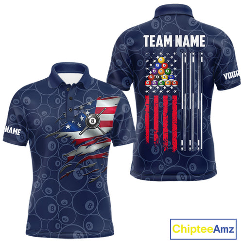 Navy Blue Grunge American Flag Billiard Shirts Custom Patriotic 8 Ball Pool Team Jersey