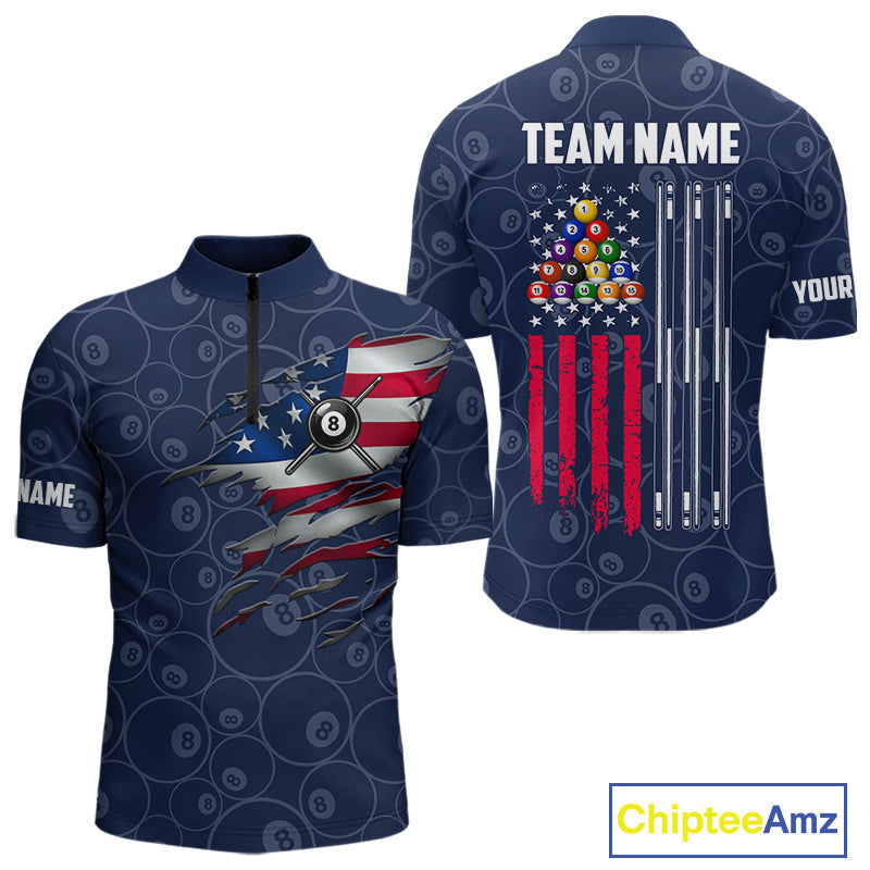 Navy Blue Grunge American Flag Billiard Shirts Custom Patriotic 8 Ball Pool Team Jersey