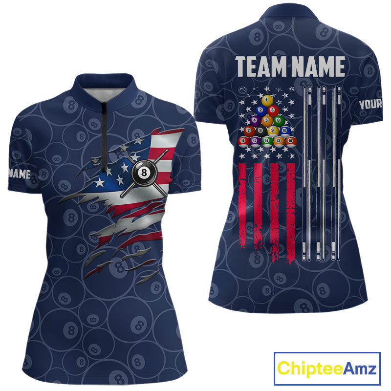 Navy Blue Grunge American Flag Billiard Shirts Custom Patriotic 8 Ball Pool Team Jersey