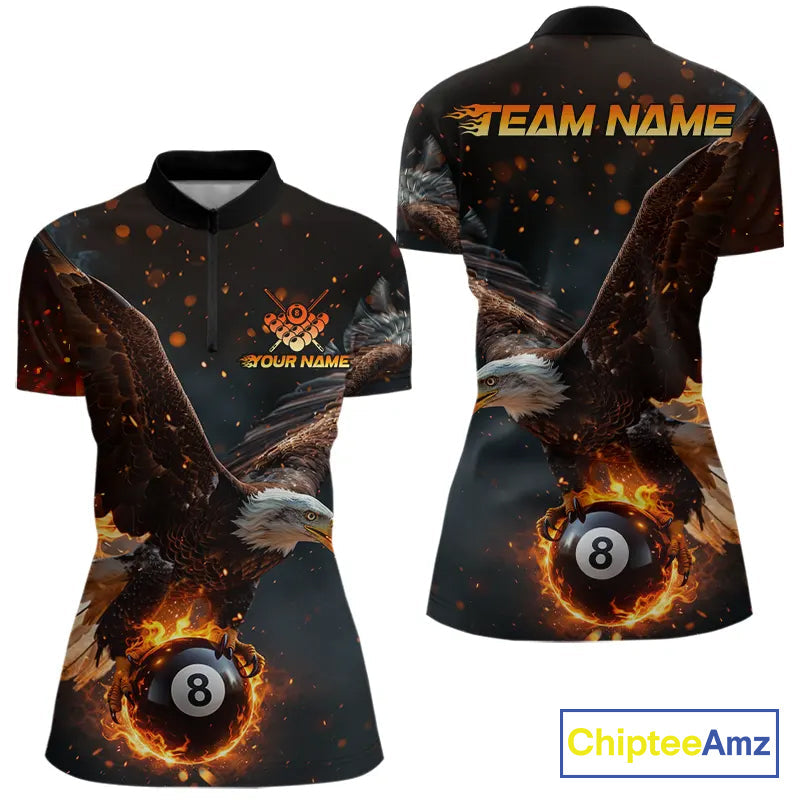 Personalized Fire 8 Ball Eagle Billiard Shirt Custom Pool Team Jersey Polo & 1/4 Zip