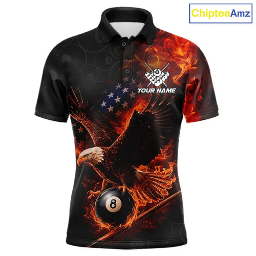 Flaming US Flag Eagle 8 Ball Billiard Shirt Custom Patriotic Pool Jersey Polo & 1/4 Zip