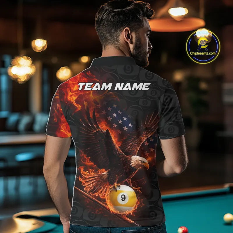 Flaming US Flag Eagle 9 Ball Billiard Shirt Custom Patriotic Pool Jersey Polo & 1/4 Zip