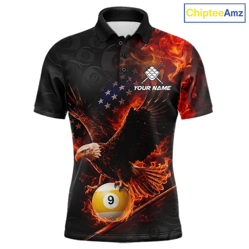 Flaming US Flag Eagle 9 Ball Billiard Shirt Custom Patriotic Pool Jersey Polo & 1/4 Zip