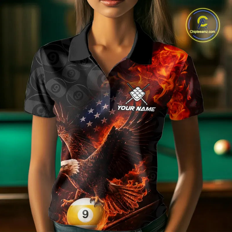Flaming US Flag Eagle 9 Ball Billiard Shirt Custom Patriotic Pool Jersey Polo & 1/4 Zip