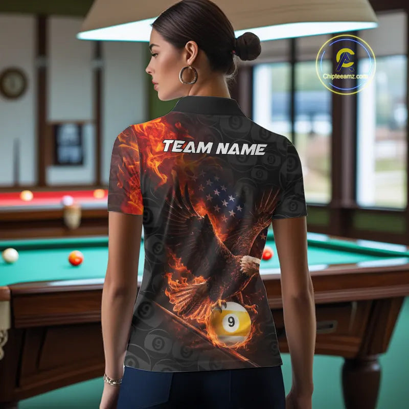 Flaming US Flag Eagle 9 Ball Billiard Shirt Custom Patriotic Pool Jersey Polo & 1/4 Zip