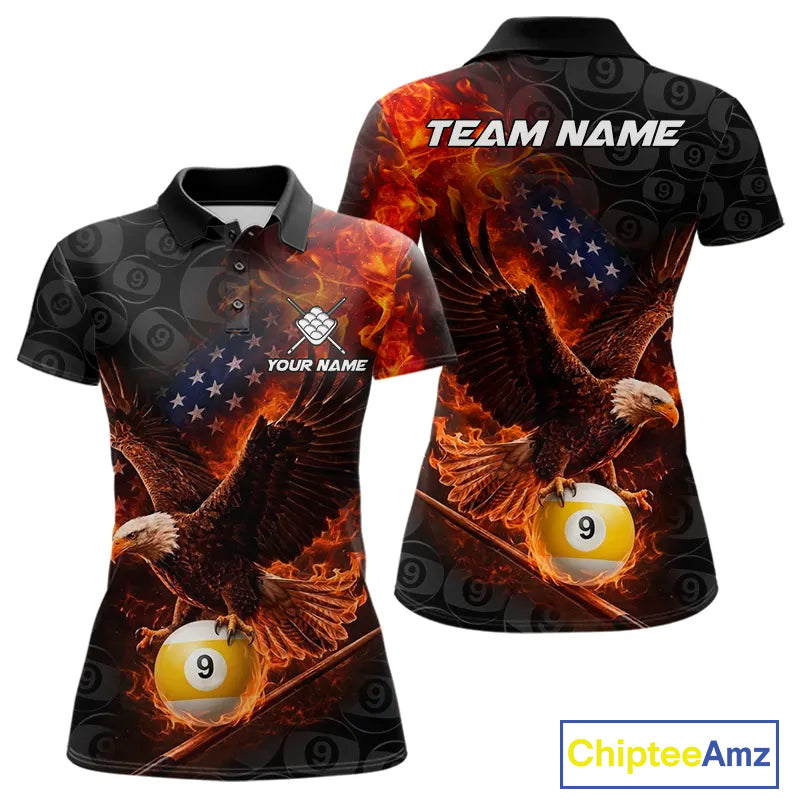 Flaming US Flag Eagle 9 Ball Billiard Shirt Custom Patriotic Pool Jersey Polo & 1/4 Zip