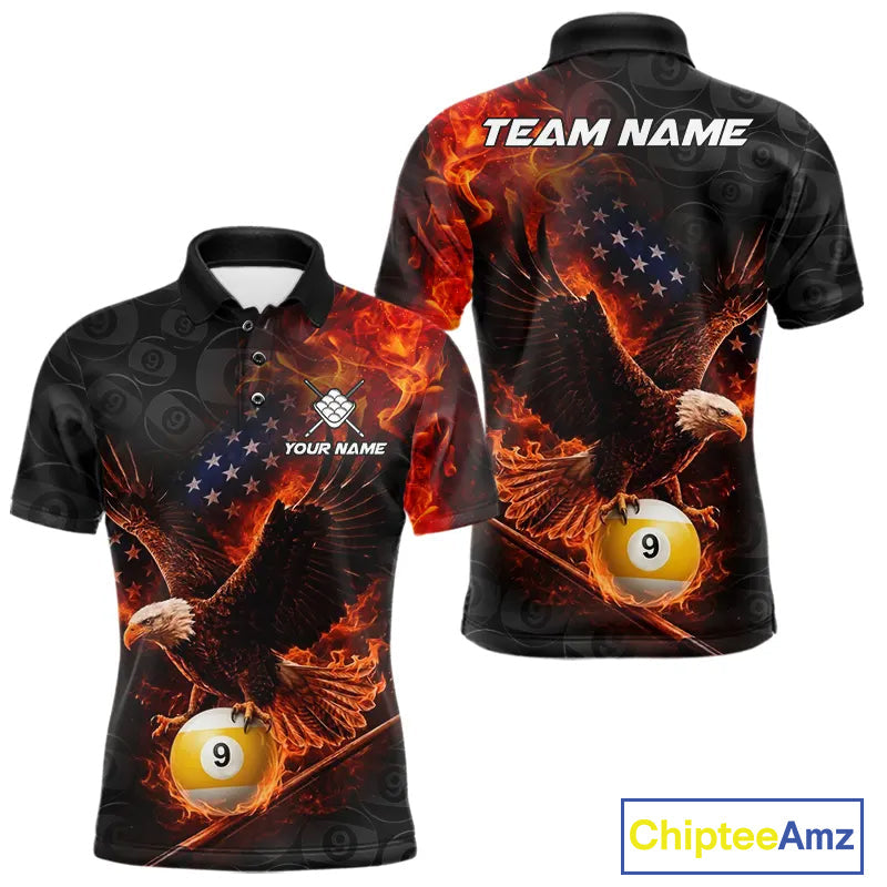 Flaming US Flag Eagle 9 Ball Billiard Shirt Custom Patriotic Pool Jersey Polo & 1/4 Zip