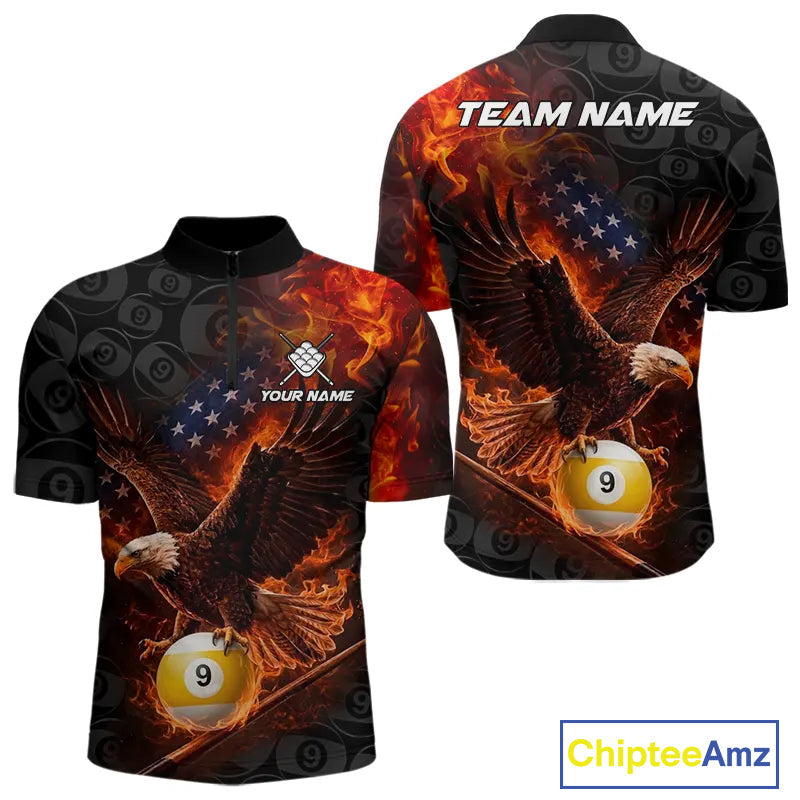 Flaming US Flag Eagle 9 Ball Billiard Shirt Custom Patriotic Pool Jersey Polo & 1/4 Zip