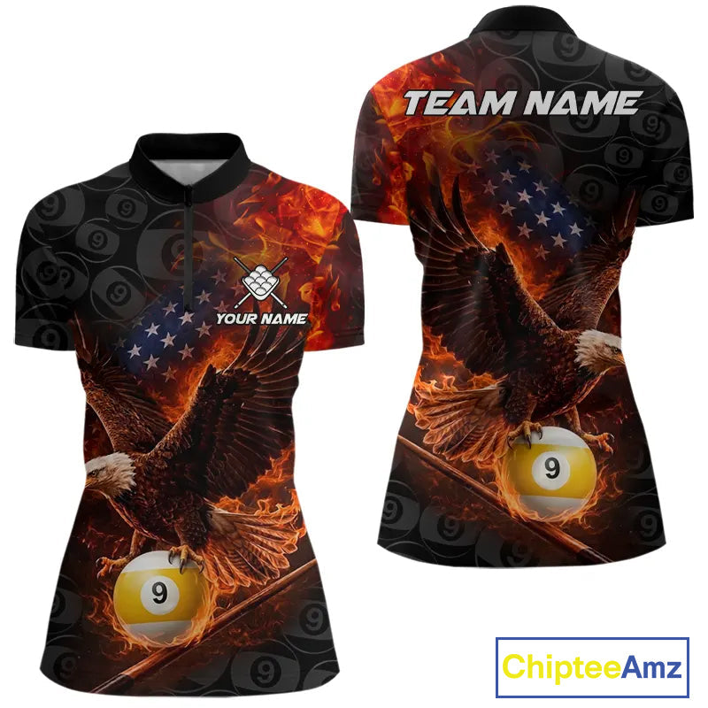 Flaming US Flag Eagle 9 Ball Billiard Shirt Custom Patriotic Pool Jersey Polo & 1/4 Zip